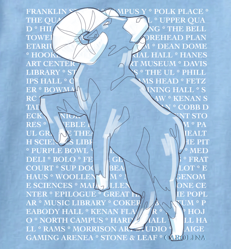 Back of the shirt: the Carolina Ram surrounded by campus locations