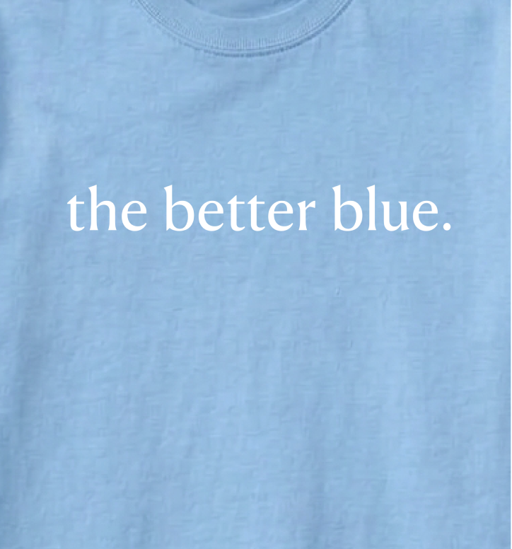 Front of the shirt: the better blue.