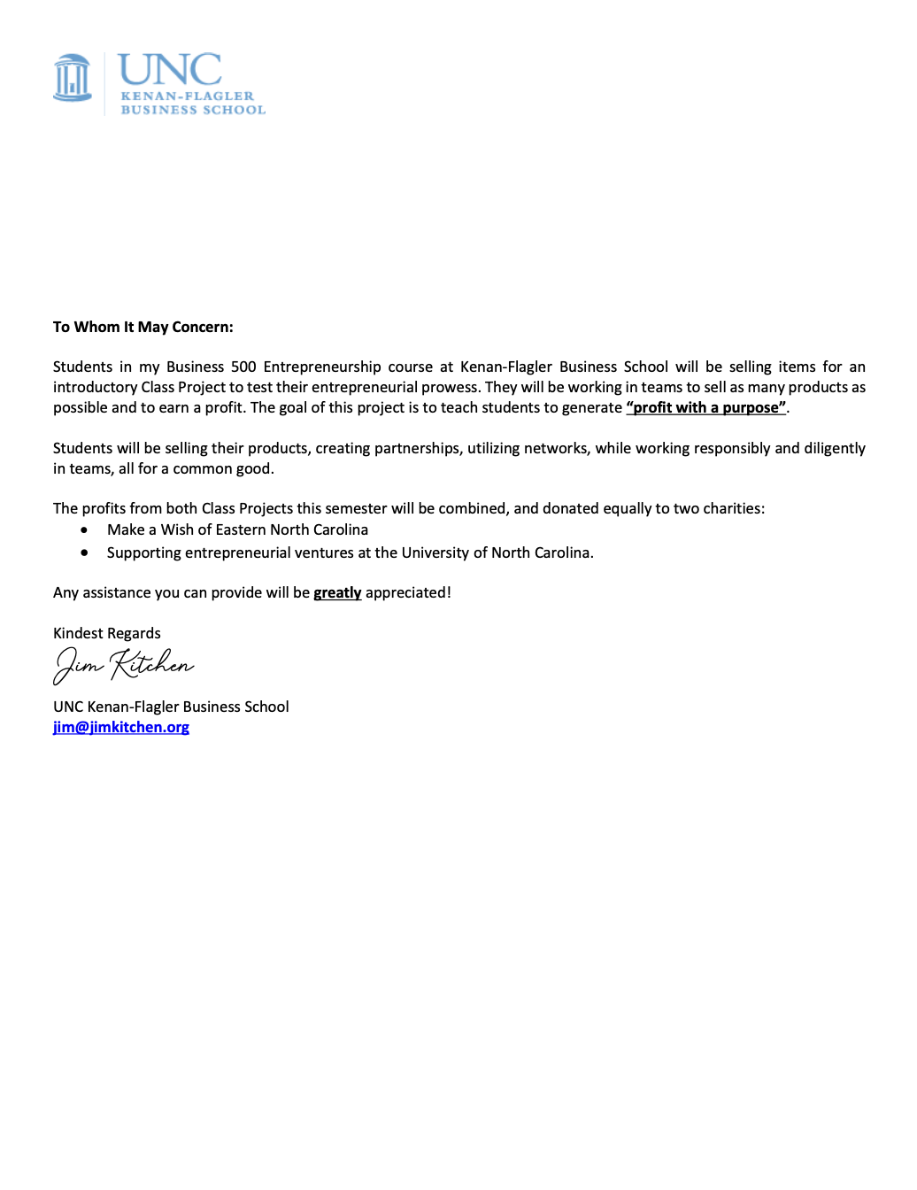 Letter from Jim Kitchen, UNC Kenan-Flagler Business School, describing the BUSI 500 class project and its charitable goals